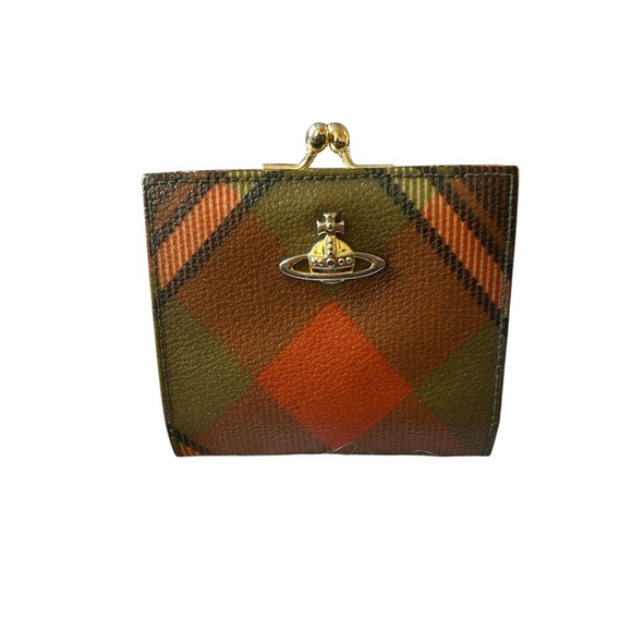Vivienne Westwood Orange and Brown Checkered Wallet With a KISS Lock Closure - Picture 1 of 8